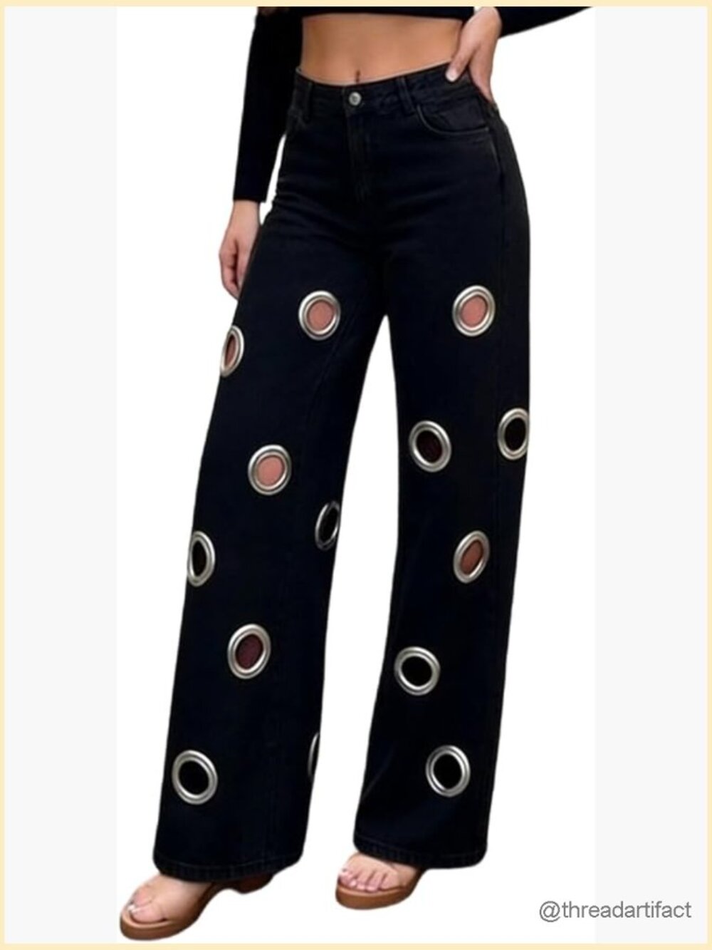 High Waisted Wide Leg Cut Out Jeans with Metal Ring Detail Baggy Denim Pants